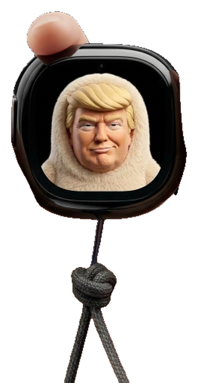 Trump Muse pendant device: a sculpted Trump head in a fluffy hood inside a black screen with a knotted cord