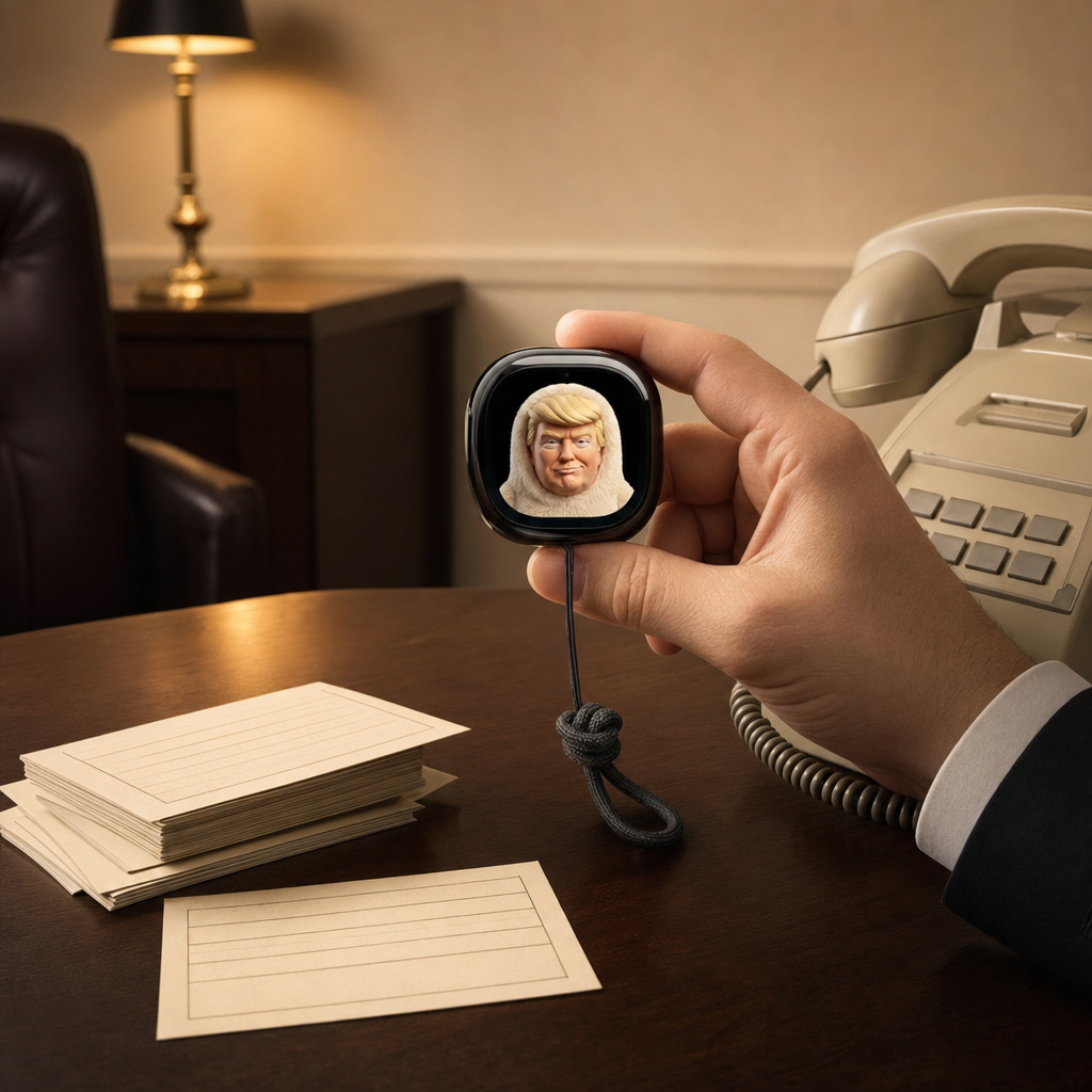 The Trump Muse pendant held over an office desk beside a landline phone and index cards